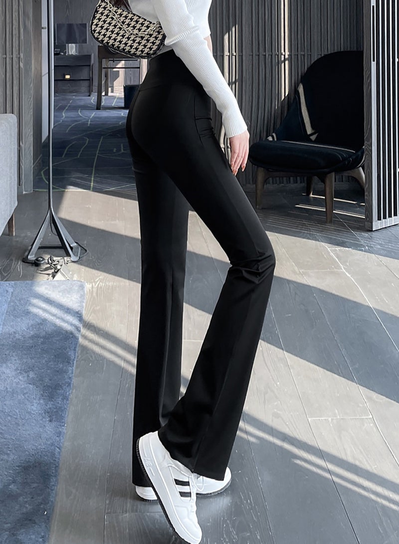 Merry Moments Black High-Waist Flared Pants Skin Friendly Stretchable Fit Fashion Daily Outfit Fitness High Elastic Solid Color - Image 5