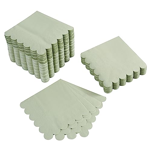 BEFORYOU 100 Pack Cocktail Napkin 2-Ply Scalloped Edged Dessert Napkins Folded 5 x 5 Inches Disposable Napkins for Dinner Wedding Birthday Party Bridal Anniversary Reception Event (Sage Green) - Image 1