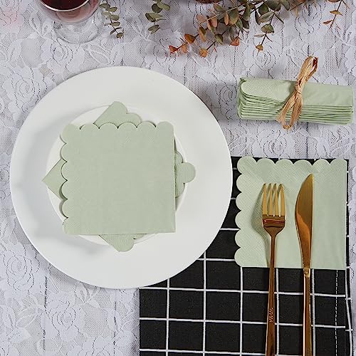 BEFORYOU 100 Pack Cocktail Napkin 2-Ply Scalloped Edged Dessert Napkins Folded 5 x 5 Inches Disposable Napkins for Dinner Wedding Birthday Party Bridal Anniversary Reception Event (Sage Green) - Image 5