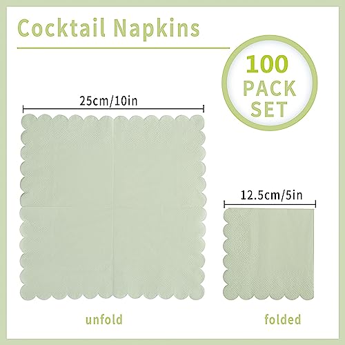 BEFORYOU 100 Pack Cocktail Napkin 2-Ply Scalloped Edged Dessert Napkins Folded 5 x 5 Inches Disposable Napkins for Dinner Wedding Birthday Party Bridal Anniversary Reception Event (Sage Green) - Image 2