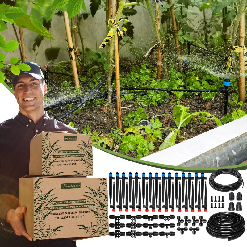 Spalolen Push-to-Connect Drip Irrigation System Adjustable Irrigation System for Garden Raised Bed Automatic Plant Watering System Complete Drip Irrigation Kit with Drip Emitters, Tubing, Connectors - Image 1