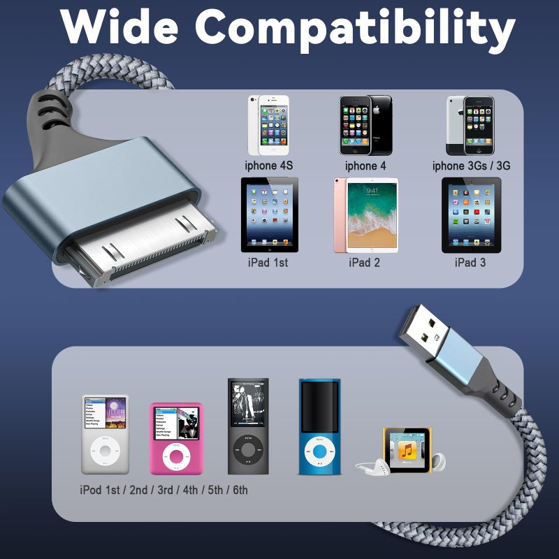 Vrllinking 30-Pin USB Charger Cable 3.3FT, Fast Charging & Sync Nylon-Braided Cord Compatible with iPhone 4/4S/3G/3GS, iPad 1/2/3, iPod Touch 4/3/2/1, Classic/Nano for Older Generation Devices 1 Pack - Image 2