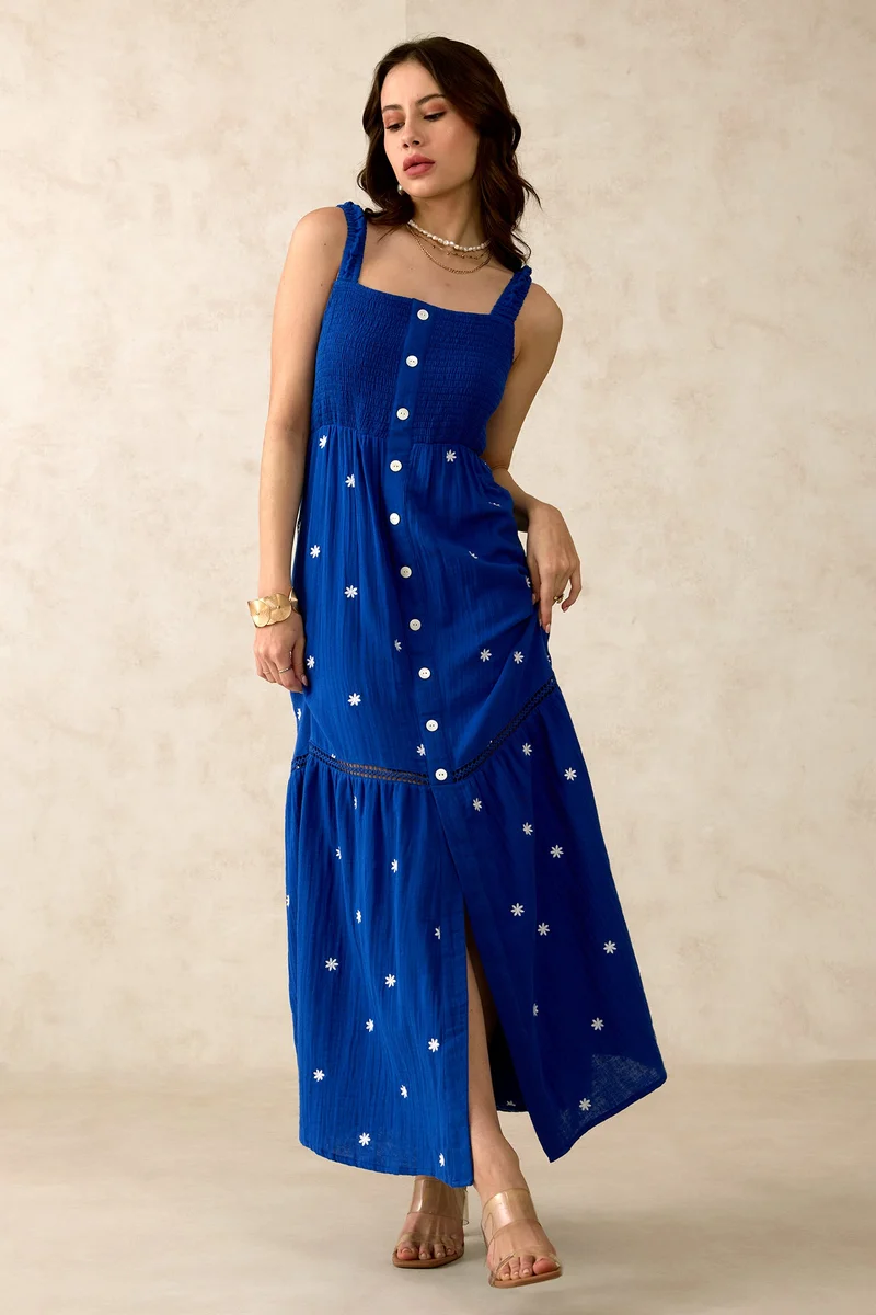 فيرجيو Cotton Maxi Brunchwear Front Open Floral Dresses for Women