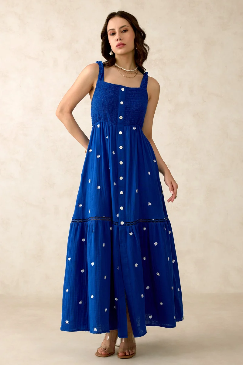فيرجيو Cotton Maxi Brunchwear Front Open Floral Dresses for Women