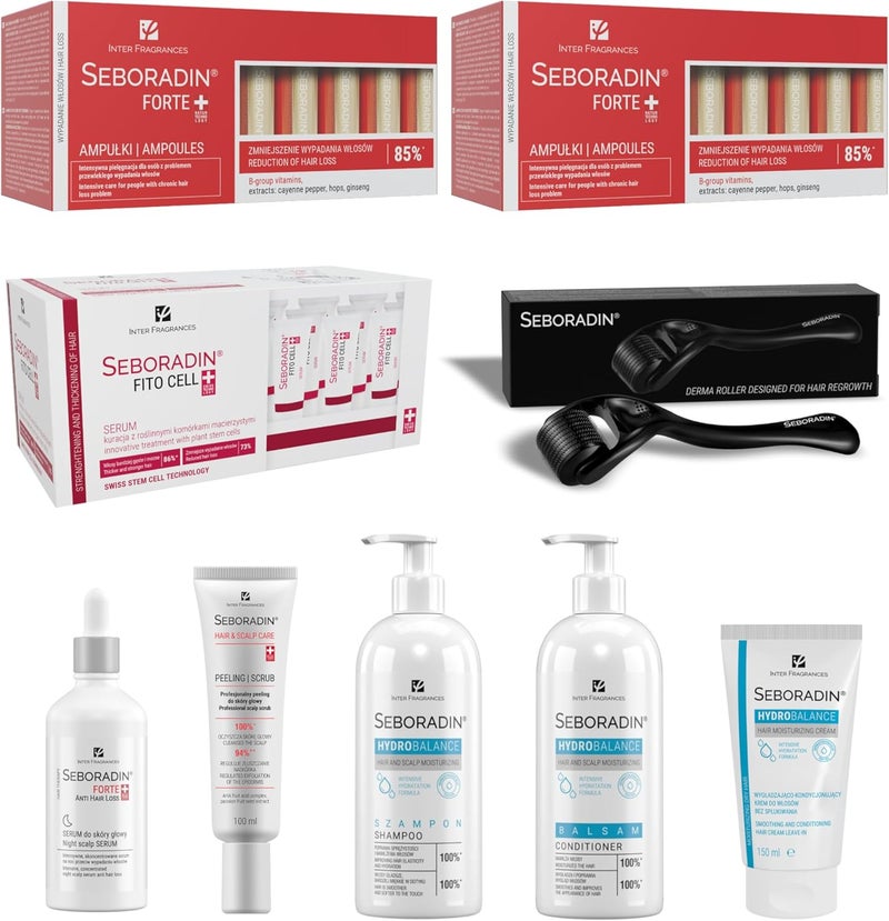 SEBORADIN Maria Red Set Dermaroller Ampoules Forte Fito Cell Serum Night Scalp Serum Scalp Peeling Shampoo Conditioner Hair Cream Leavein Hydro Balance