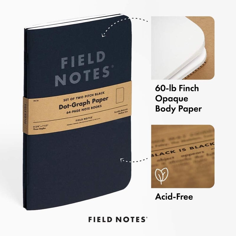 Field Notes 2-Pack Pitch Black Notebooks (4.75" X 7.5"), Dot-graph, 64 Pages | Thin Pocket Sized EDC Notebook With 90 GSM Paper & Paperback Cover | Work Notebooks For Note Taking | Made in the USA - Image 3