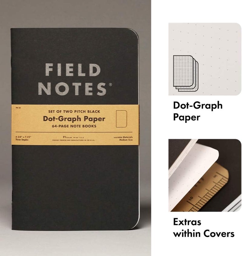 Field Notes 2-Pack Pitch Black Notebooks (4.75" X 7.5"), Dot-graph, 64 Pages | Thin Pocket Sized EDC Notebook With 90 GSM Paper & Paperback Cover | Work Notebooks For Note Taking | Made in the USA - Image 1