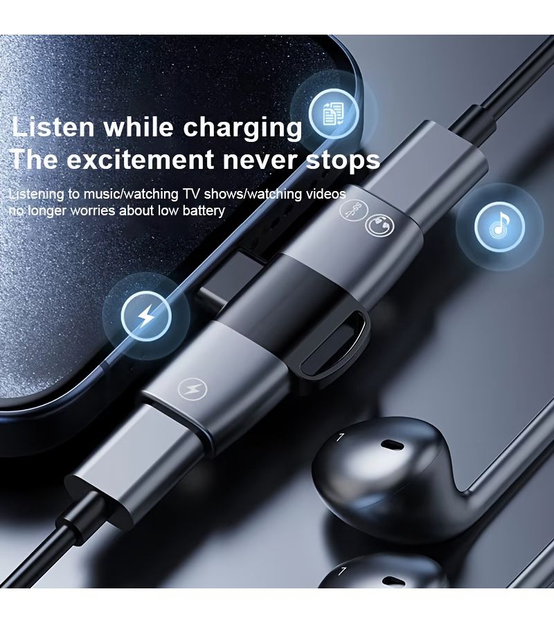 أسود ورمادي محول مقسم سماعات AUX الصوتية مع شحن PD بقدرة 15 واط ومنفذ USB Type C مزدوج ودعم OTG، من USB Type C إلى مقبس صوت 3.5 مم - Image 4