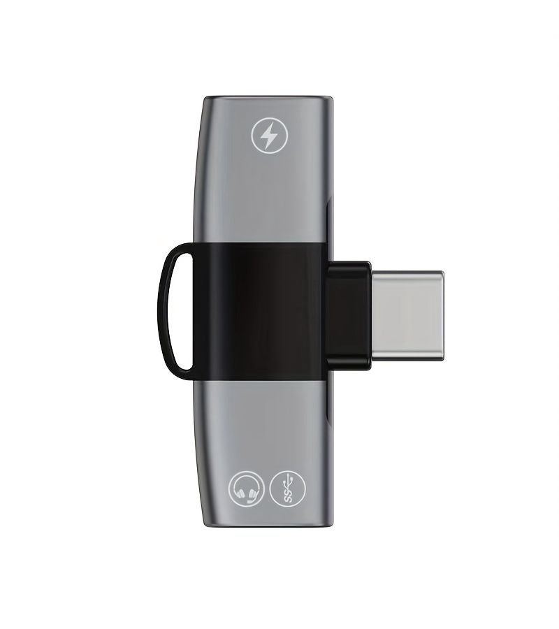 أسود ورمادي محول مقسم سماعات AUX الصوتية مع شحن PD بقدرة 15 واط ومنفذ USB Type C مزدوج ودعم OTG، من USB Type C إلى مقبس صوت 3.5 مم - Image 1