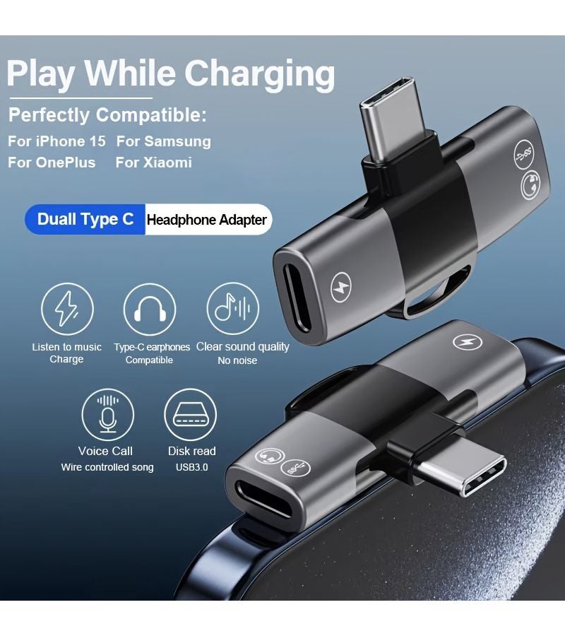 أسود ورمادي محول مقسم سماعات AUX الصوتية مع شحن PD بقدرة 15 واط ومنفذ USB Type C مزدوج ودعم OTG، من USB Type C إلى مقبس صوت 3.5 مم - Image 5