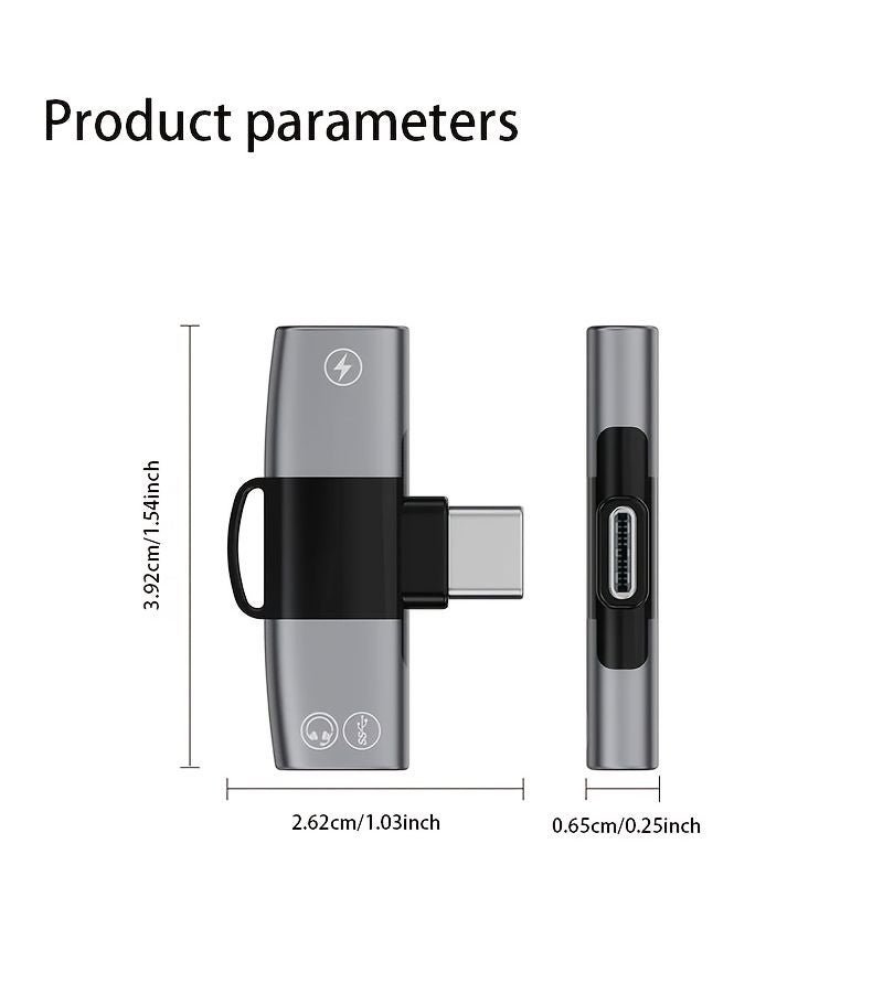 أسود ورمادي محول مقسم سماعات AUX الصوتية مع شحن PD بقدرة 15 واط ومنفذ USB Type C مزدوج ودعم OTG، من USB Type C إلى مقبس صوت 3.5 مم - Image 3