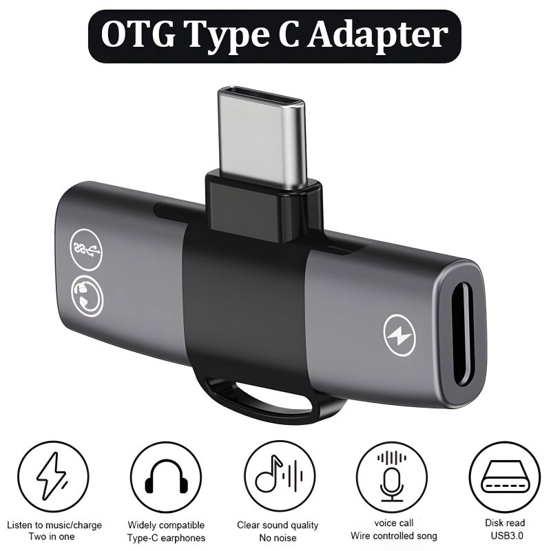 أسود ورمادي محول مقسم سماعات AUX الصوتية مع شحن PD بقدرة 15 واط ومنفذ USB Type C مزدوج ودعم OTG، من USB Type C إلى مقبس صوت 3.5 مم - Image 2