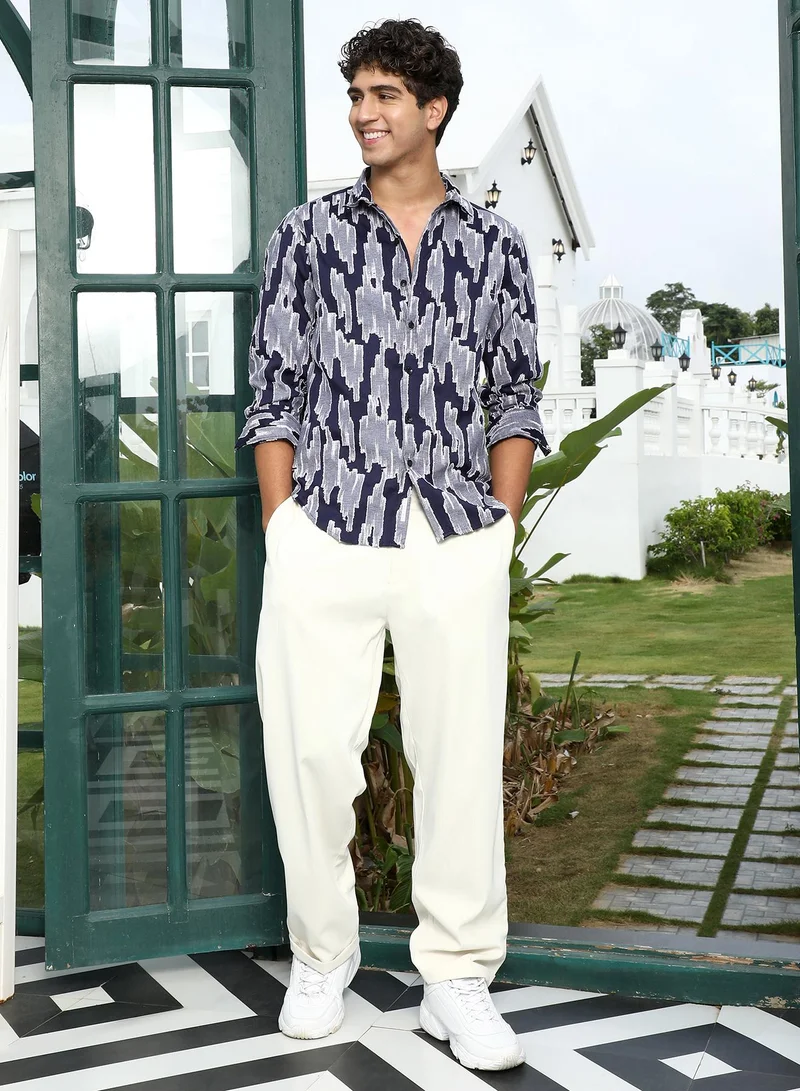 Campus Sutra Campus Sutra Men's Navy Blue Contrast-Abstract Jacquard Shirt | Spread Collar , Long Cuffed Sleeves , Button Closure , Curved Hem | Abstract Jacquard | Cotton-Blend Shirt For Casual Wear