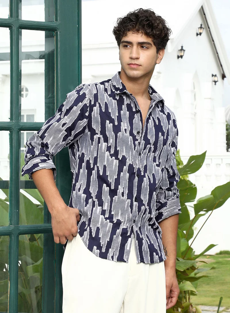 Campus Sutra Campus Sutra Men's Navy Blue Contrast-Abstract Jacquard Shirt | Spread Collar , Long Cuffed Sleeves , Button Closure , Curved Hem | Abstract Jacquard | Cotton-Blend Shirt For Casual Wear
