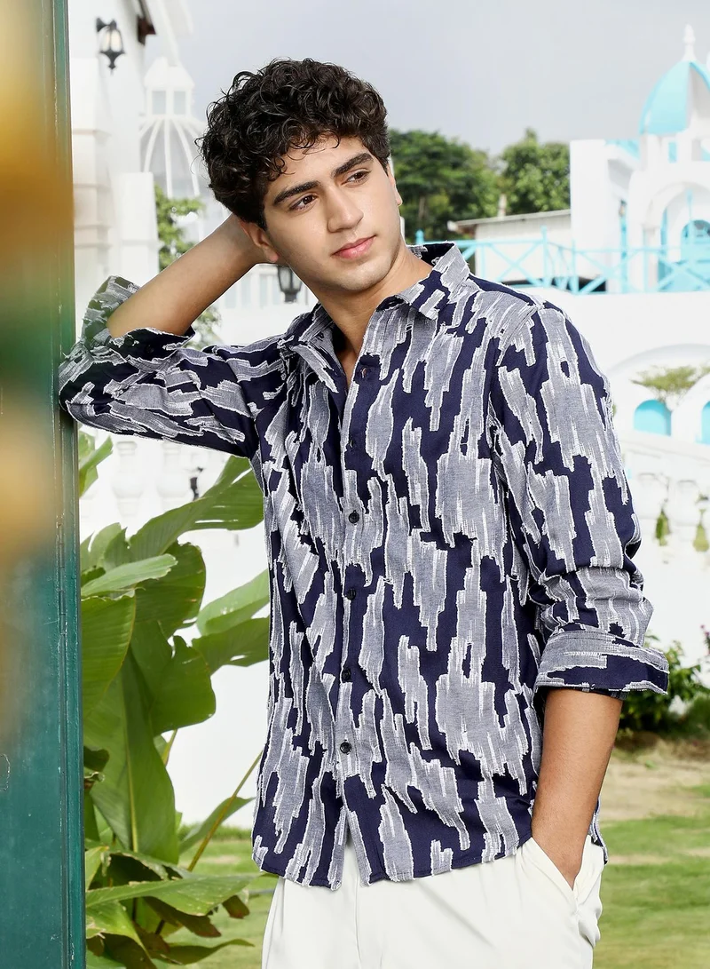 Campus Sutra Campus Sutra Men's Navy Blue Contrast-Abstract Jacquard Shirt | Spread Collar , Long Cuffed Sleeves , Button Closure , Curved Hem | Abstract Jacquard | Cotton-Blend Shirt For Casual Wear