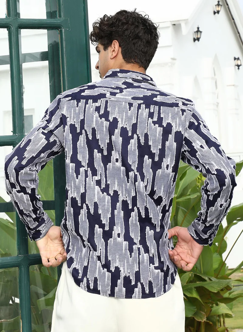 Campus Sutra Campus Sutra Men's Navy Blue Contrast-Abstract Jacquard Shirt | Spread Collar , Long Cuffed Sleeves , Button Closure , Curved Hem | Abstract Jacquard | Cotton-Blend Shirt For Casual Wear