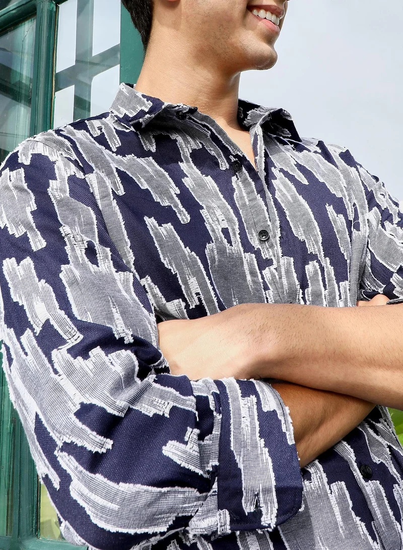 Campus Sutra Campus Sutra Men's Navy Blue Contrast-Abstract Jacquard Shirt | Spread Collar , Long Cuffed Sleeves , Button Closure , Curved Hem | Abstract Jacquard | Cotton-Blend Shirt For Casual Wear