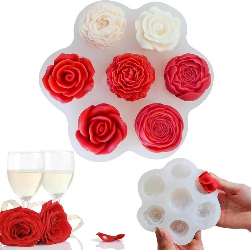 SOFTCREATO 7 Cavity 3D Rose Peony Flower Carnation Floral Shape Silicone Fondant candle Mould Round 3D Rose Bloom Flower Candle Silicone Mould for DIY Cake Decoration Handmade Chocolate Mousse Dessert Soap Candle Making Cake Wax Bath Bomb Aromatherapy Resin Art Craft Making Home Party Decoration