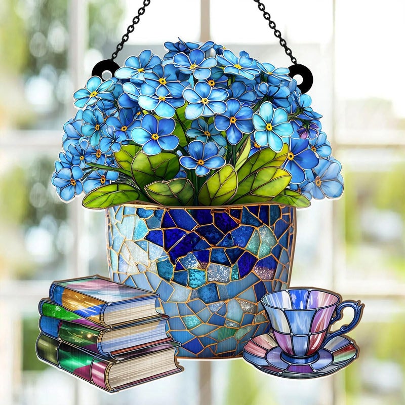 Jesuspirit - Window Hanging Suncatcher – Crystal Clear Acrylic & Wood Sun Catcher for Home Decor, for Women (Forget-Me-Not, Books, and Tea, 8 Inches) - Image 3