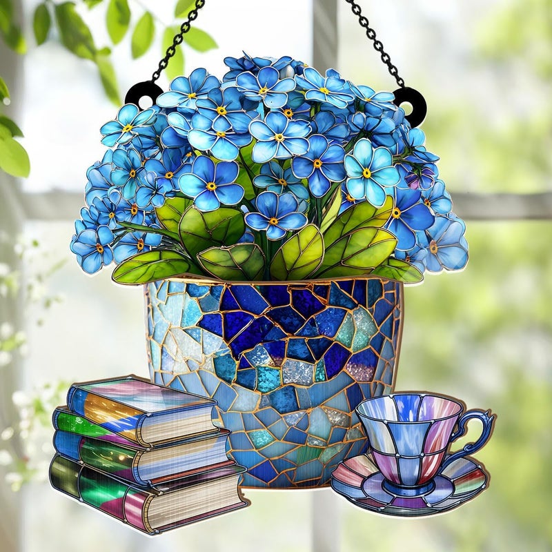Jesuspirit - Window Hanging Suncatcher – Crystal Clear Acrylic & Wood Sun Catcher for Home Decor, for Women (Forget-Me-Not, Books, and Tea, 8 Inches) - Image 5