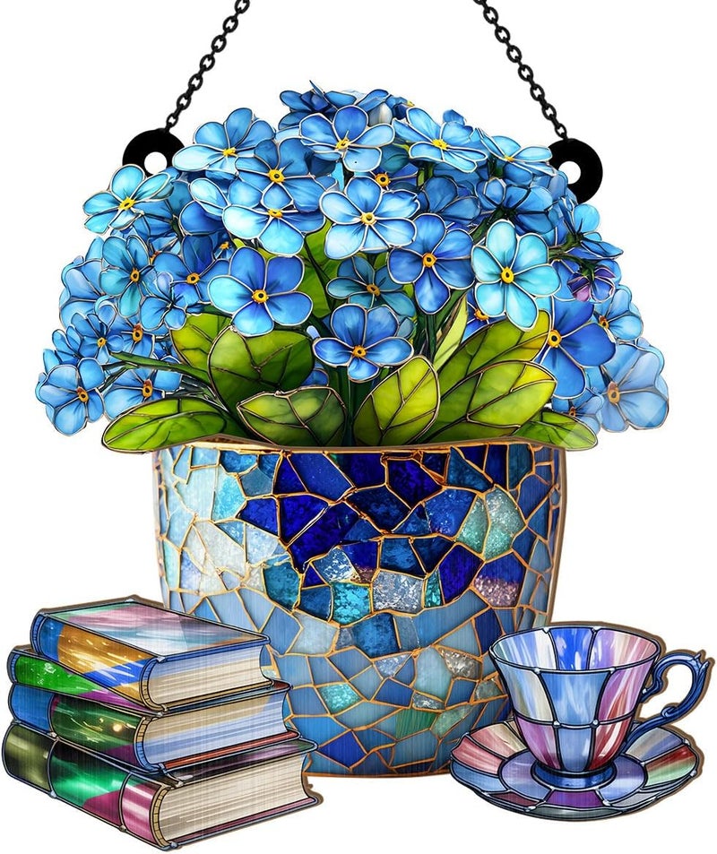 Jesuspirit - Window Hanging Suncatcher – Crystal Clear Acrylic & Wood Sun Catcher for Home Decor, for Women (Forget-Me-Not, Books, and Tea, 8 Inches) - Image 1