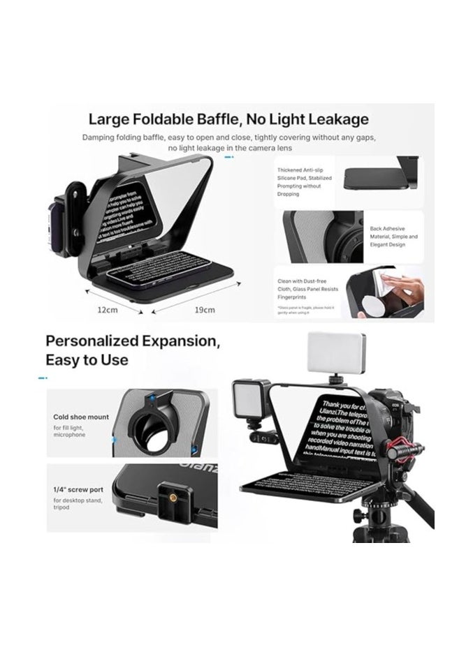 Ulanzi - Ulanzi RT02 Foldable & Portable Teleprompter for Camera, Mobile Phone, Tablet, Broadcast, Presentations | Easy to Use w/ Cold Shoe Extension | 58/67/72/77/82mm Lens Adapter Rings + Bluetooth Remote - Image 1