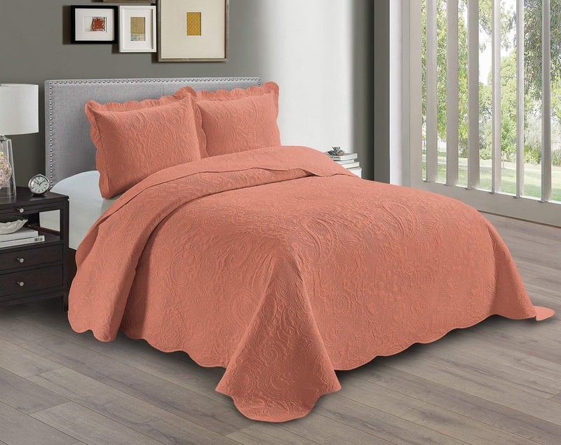 Linen Plus Embossed Coverlet Bedspread Set Oversized Solid Coral FullQueen Bed Cover Bedding New  Dana
