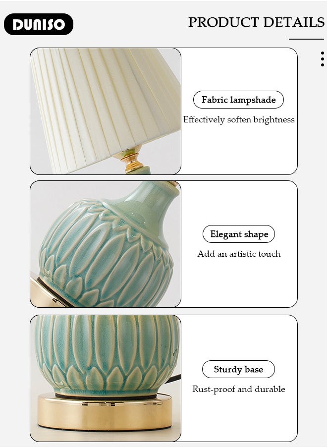 DUNISO - Ceramic Table Lamp,Small Bedside Lamp with Linen Shade, Bamboo Leaf Textured Ceramic Base,Desk Lamp with Push Button Switch,Modern Nightstand Lamp for Bedroom Living Room Reading Room - Image 1