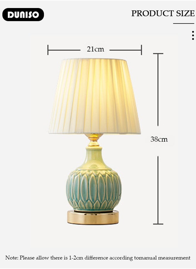 DUNISO - Ceramic Table Lamp,Small Bedside Lamp with Linen Shade, Bamboo Leaf Textured Ceramic Base,Desk Lamp with Push Button Switch,Modern Nightstand Lamp for Bedroom Living Room Reading Room - Image 1