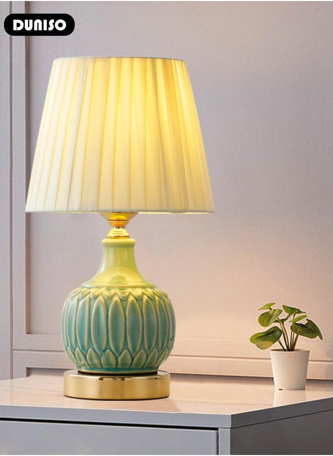 DUNISO - Ceramic Table Lamp,Small Bedside Lamp with Linen Shade, Bamboo Leaf Textured Ceramic Base,Desk Lamp with Push Button Switch,Modern Nightstand Lamp for Bedroom Living Room Reading Room - Image 1