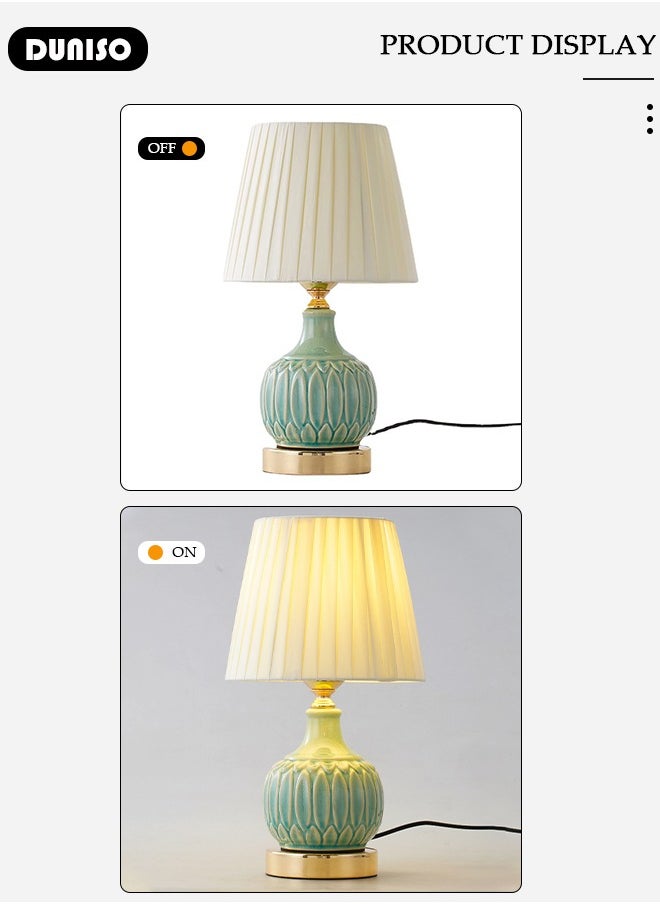 DUNISO - Ceramic Table Lamp,Small Bedside Lamp with Linen Shade, Bamboo Leaf Textured Ceramic Base,Desk Lamp with Push Button Switch,Modern Nightstand Lamp for Bedroom Living Room Reading Room - Image 1