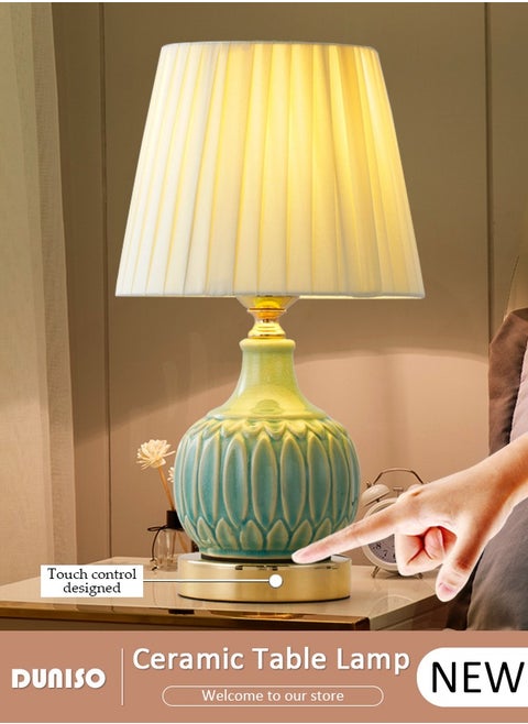 Ceramic Table Lamp,Small Bedside Lamp with Linen Shade, Bamboo Leaf Textured Ceramic Base,Desk Lamp with Push Button Switch,Modern Nightstand Lamp for Bedroom Living Room Reading Room