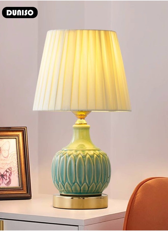DUNISO - Ceramic Table Lamp,Small Bedside Lamp with Linen Shade, Bamboo Leaf Textured Ceramic Base,Desk Lamp with Push Button Switch,Modern Nightstand Lamp for Bedroom Living Room Reading Room - Image 1