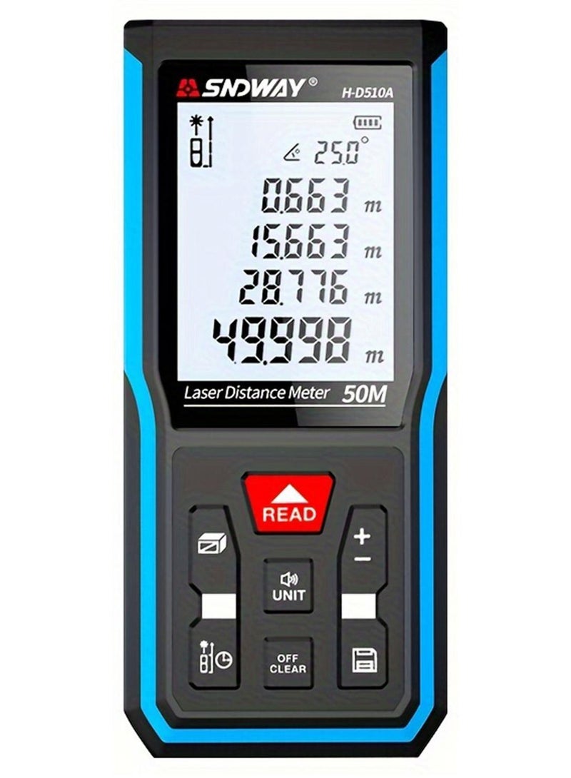 SNDWAY جهاز قياس المسافة بالليزر الرقمي المحمول باليد بمسافة 50 مترًا، جهاز تحديد المدى بالأشعة تحت الحمراء، شريط قياس المدى بالليزر قابل لإعادة الشحن عبر USB، قياس مساحة وحجم الشريط مع مؤشر الزاوية - Image 1