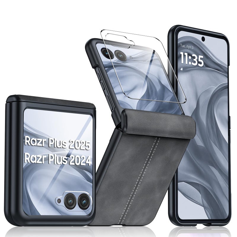 BSNRM for Motorola razr+ Plus 2024 Case/Razr+ Plus 2025 Case Built-in Screen Protector& Hinge Protection & Ultra Thin PU Leather Matte PC Shockproof Phone Case for Moto Razr+ 2024/2025 (Black Gray) - Image 1