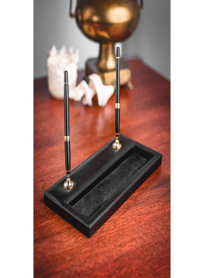 Dacasso Classic Black Leather Double Pen Stand with Gold Accents - Image 2