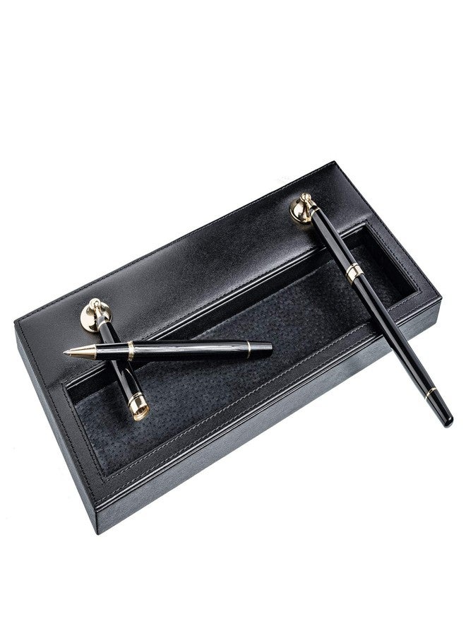 Dacasso Classic Black Leather Double Pen Stand with Gold Accents - Image 3
