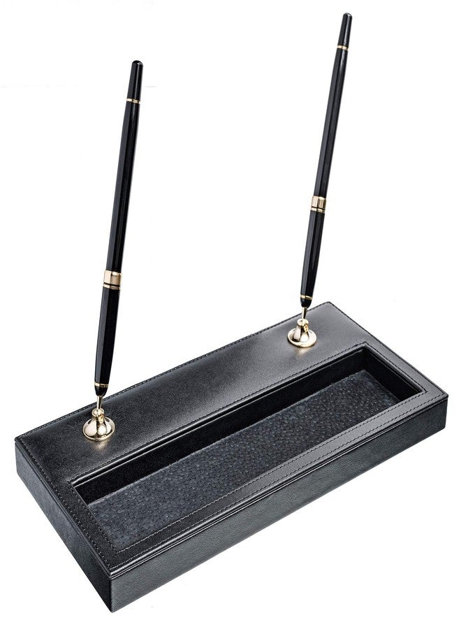 Dacasso Classic Black Leather Double Pen Stand with Gold Accents - Image 1