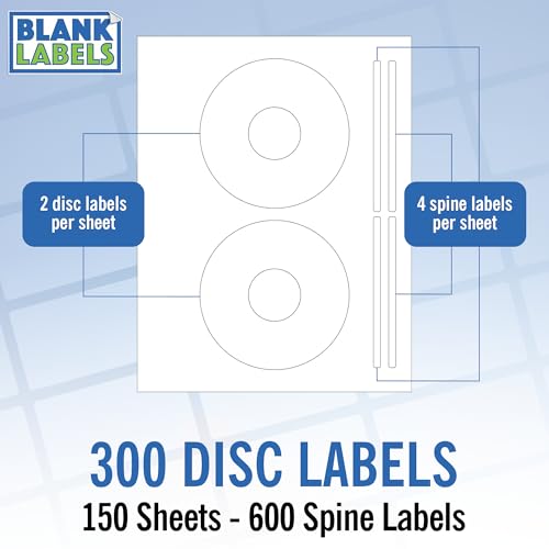 Blank Labels CD/DVD Labels, 150 Sheets - 300 Disc & 600 Spine Labels, White Matte, Inkjet & Laser Compatible, 5931 Template, Made in USA - Image 1