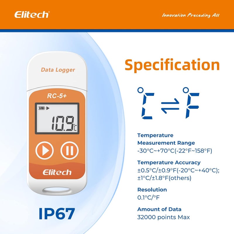 إليتك مسجل بيانات درجة الحرارة الرقمي RC-5+ PDF USB القابل لإعادة الاستخدام، مقياس حرارة الثلاجة بدقة عالية 32000 نقطة - Image 2