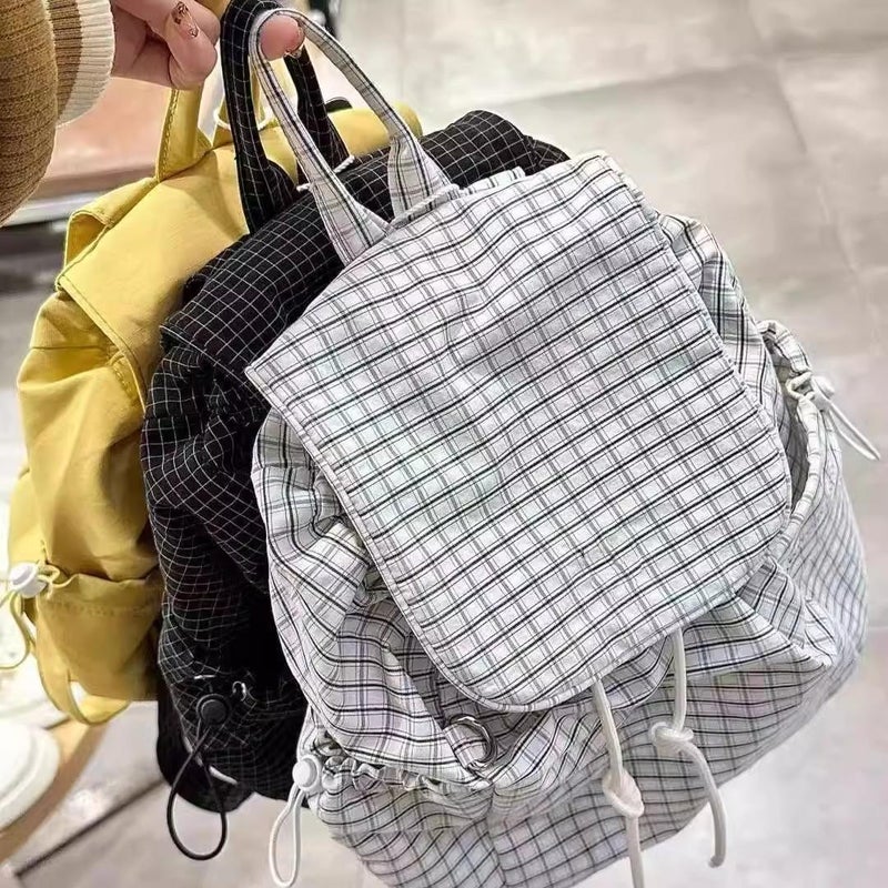 Korean Style Ins Lightweight Nylon Plaid Backpack Large Capacity Lazy Style All-Match Drawstring Tote Bag - Image 3