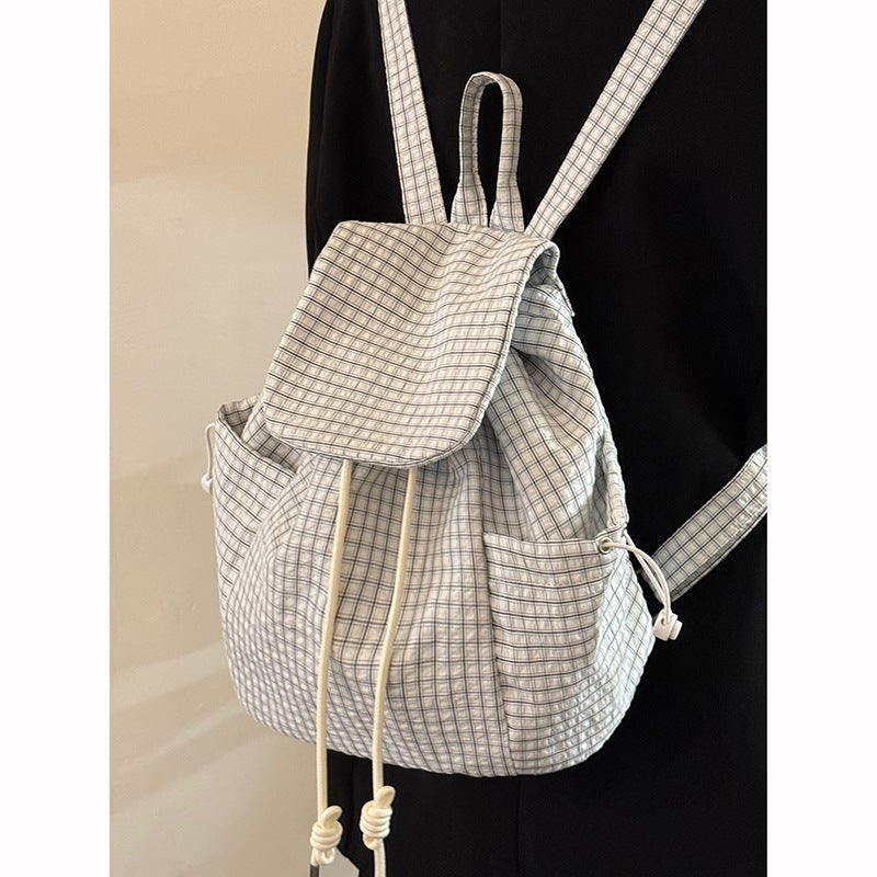 Korean Style Ins Lightweight Nylon Plaid Backpack Large Capacity Lazy Style All-Match Drawstring Tote Bag - Image 4