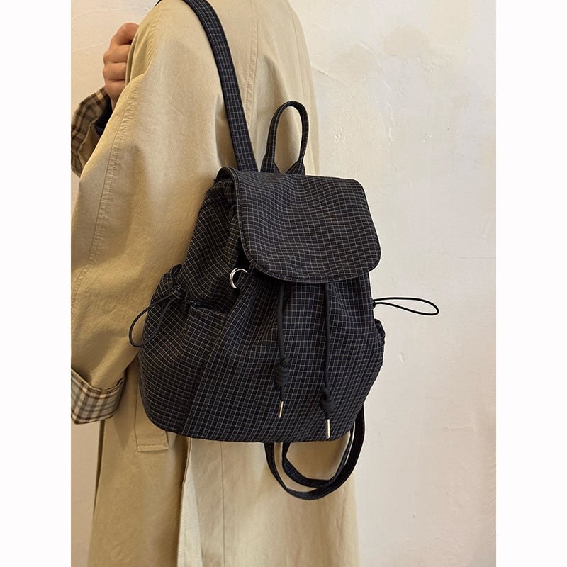 Korean Style Ins Lightweight Nylon Plaid Backpack Large Capacity Lazy Style All-Match Drawstring Tote Bag - Image 5