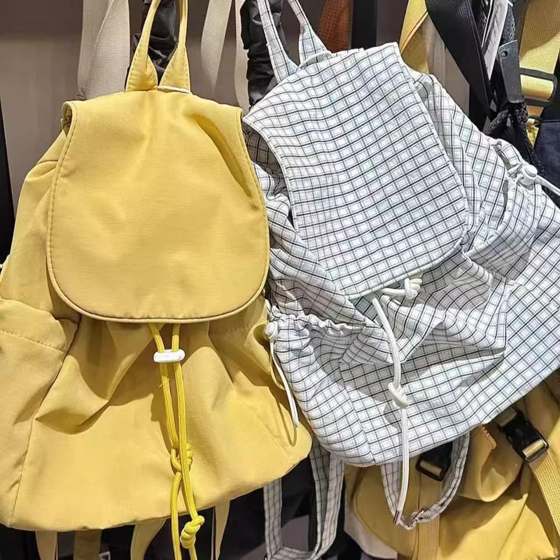 Korean Style Ins Lightweight Nylon Plaid Backpack Large Capacity Lazy Style All-Match Drawstring Tote Bag - Image 2