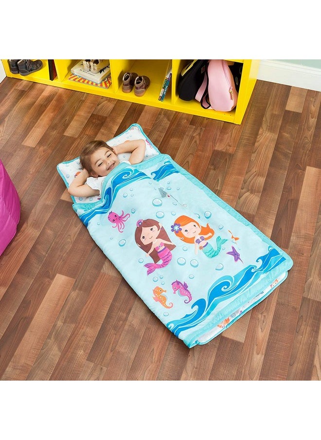EVERYDAY KIDS EVERYDAY KIDS Toddler Nap Mat with Removable Pillow -Underwater Mermaids- Carry Handle with Fastening Straps Closure, Rollup Design, Soft Microfiber for Preschool, Daycare Sleeping Bag, Ages 2-6 years  - Image 3