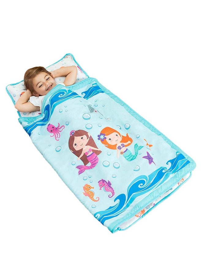 EVERYDAY KIDS EVERYDAY KIDS Toddler Nap Mat with Removable Pillow -Underwater Mermaids- Carry Handle with Fastening Straps Closure, Rollup Design, Soft Microfiber for Preschool, Daycare Sleeping Bag, Ages 2-6 years  - Image 1