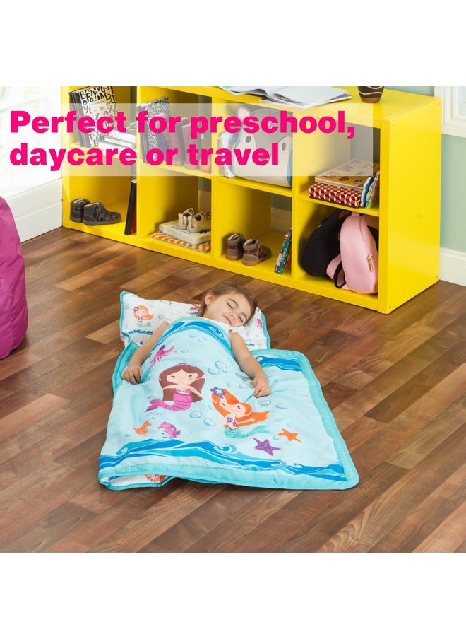 EVERYDAY KIDS EVERYDAY KIDS Toddler Nap Mat with Removable Pillow -Underwater Mermaids- Carry Handle with Fastening Straps Closure, Rollup Design, Soft Microfiber for Preschool, Daycare Sleeping Bag, Ages 2-6 years  - Image 2