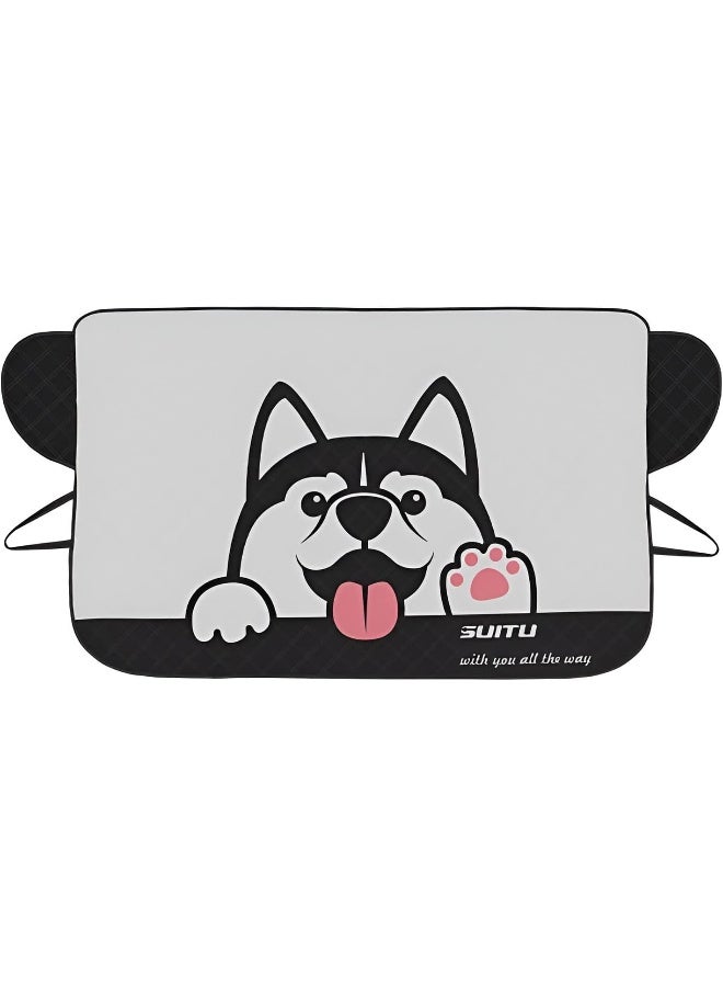 SUITU Windscreen Cover Sun Shade with Husky Dog Design, UV Protective Car Windshield Cover for Heat, Dust, Frost, Snow and Ice, Universal Fit - Image 1