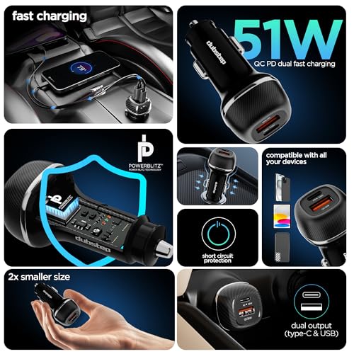 Dubstep Zapp 51W Dual QC-PD, Powerblitz Technology, Dual Output Fast Car Charger with Type-C PD & USB-A Charging Adapter Compatible with Cars for iPhone & Android Smartphone, Smartwatch (Black) - Image 3