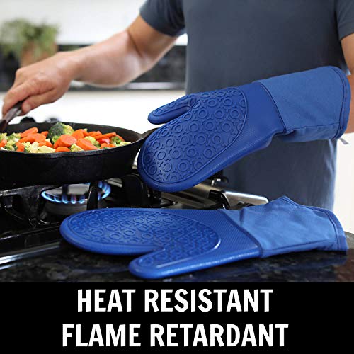 HOMWE BPA-Free Soft Silicone 4 Piece Oven Mitts & Trivets Set - Ultra Heat Resistant Oven Mitts with Thick Cotton Liner - Long Slip Resistant Pot Holders, Flexible Oven Gloves - Royal Blue - Image 4